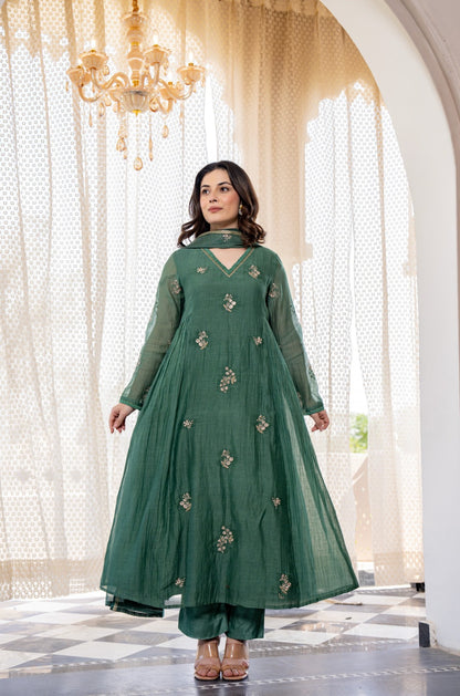 Elegant Green Chanderi Silk Kurti Pant Dupatta Set for Women