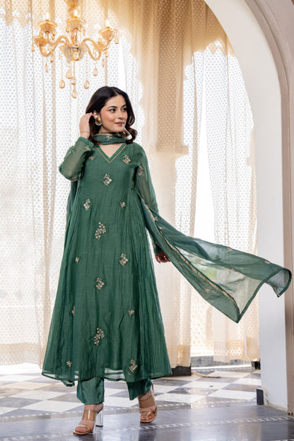 Elegant Green Chanderi Silk Kurti Pant Dupatta Set for Women