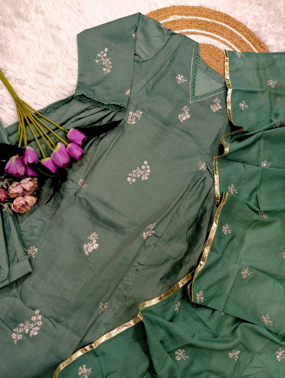 Elegant Green Chanderi Silk Kurti Pant Dupatta Set for Women