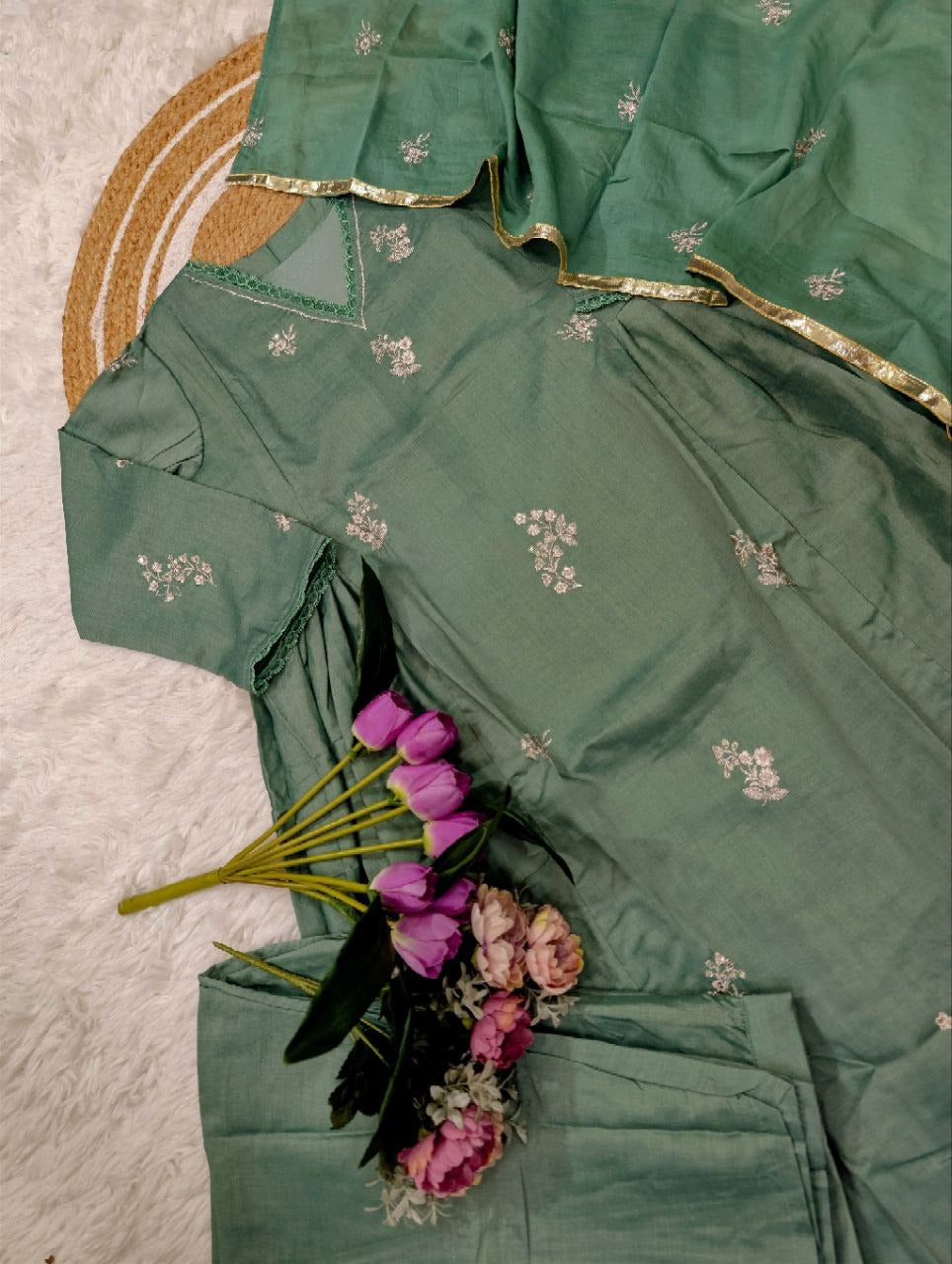 Elegant Green Chanderi Silk Kurti Pant Dupatta Set for Women
