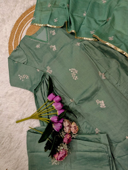 Elegant Green Chanderi Silk Kurti Pant Dupatta Set for Women