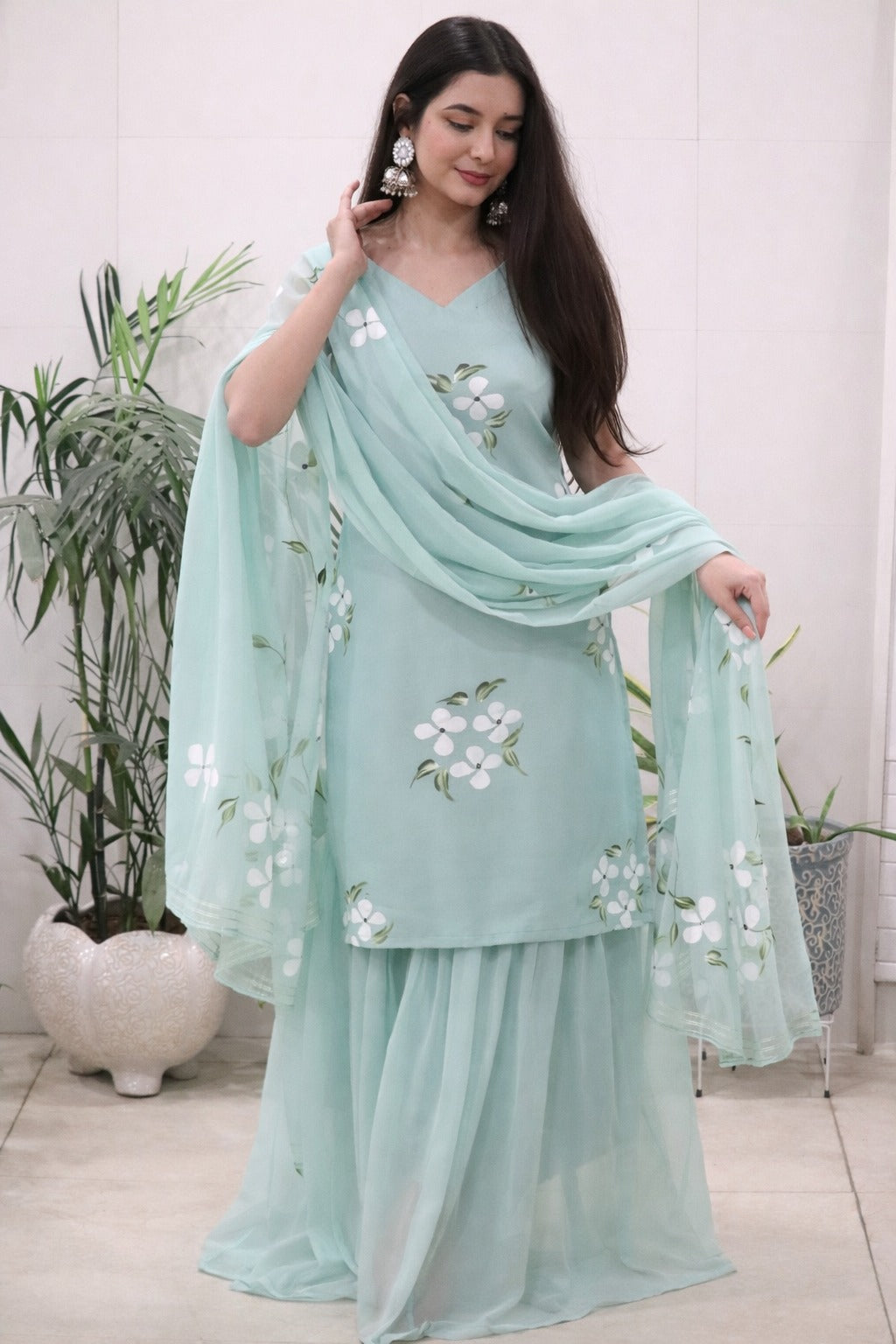Elegant Mint Green Handpainted Sharara Set with Dupatta for Women