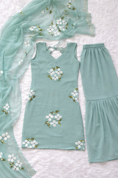 Elegant Mint Green Handpainted Sharara Set with Dupatta for Women