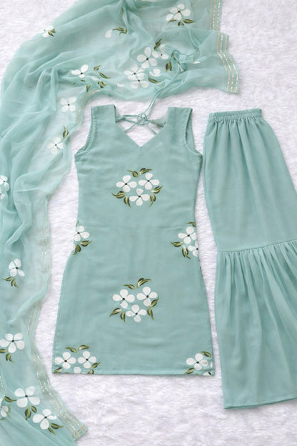 Elegant Mint Green Handpainted Sharara Set with Dupatta for Women