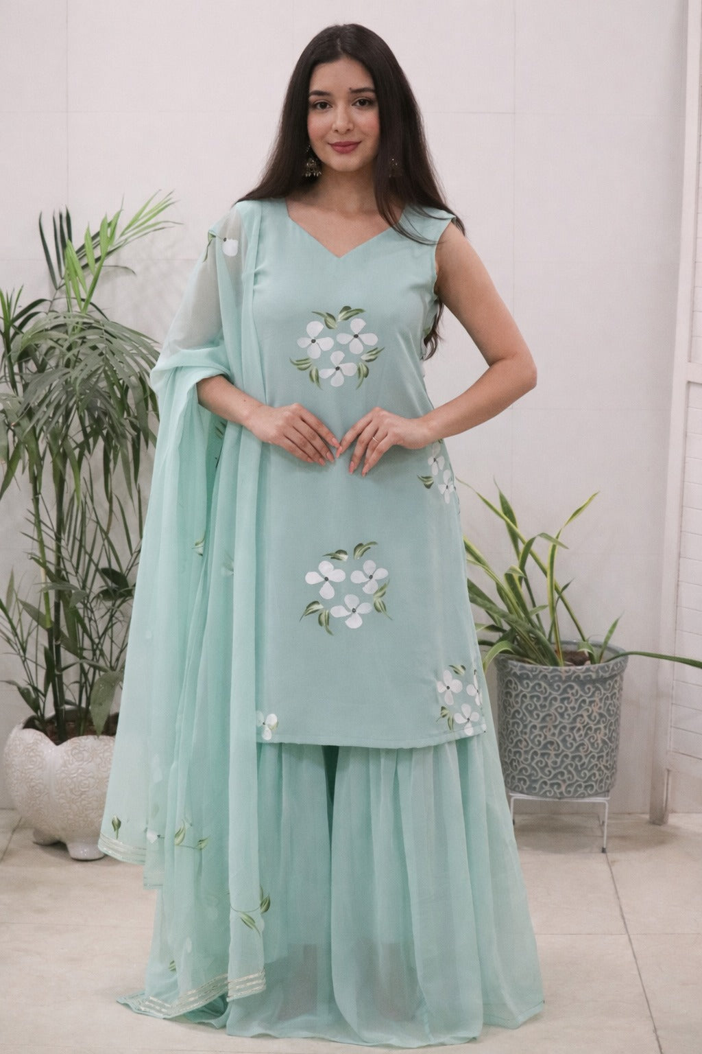 Elegant Mint Green Handpainted Sharara Set with Dupatta for Women