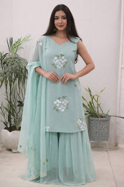 Elegant Mint Green Handpainted Sharara Set with Dupatta for Women