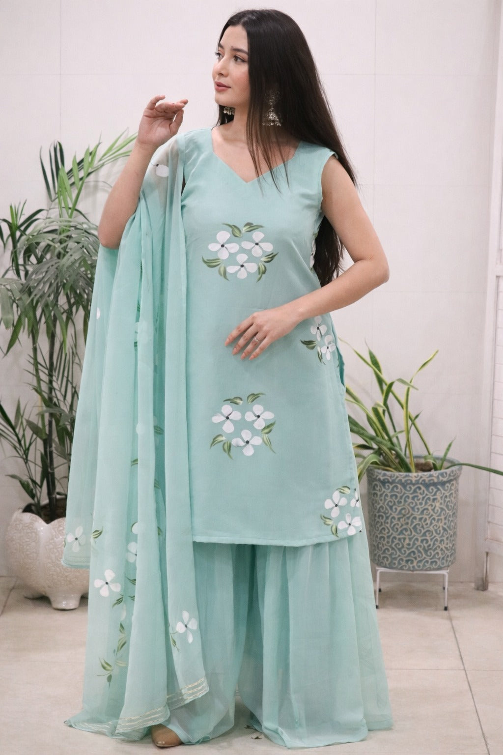 Elegant Mint Green Handpainted Sharara Set with Dupatta for Women