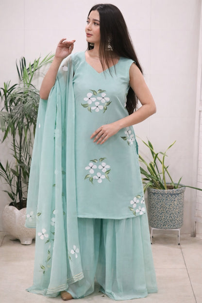 Elegant Mint Green Handpainted Sharara Set with Dupatta for Women