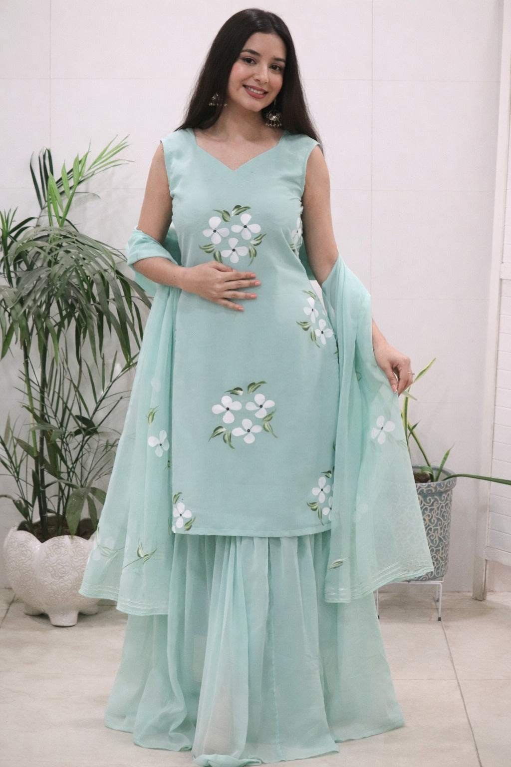 Elegant Mint Green Handpainted Sharara Set with Dupatta for Women