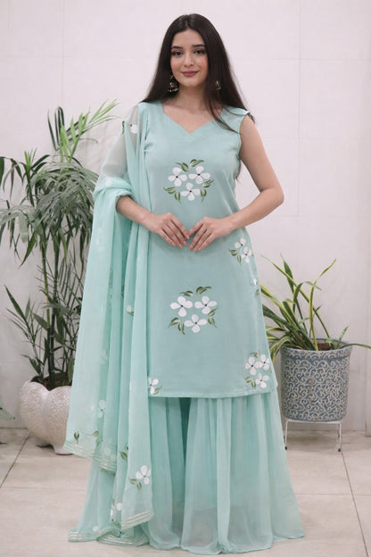 Elegant Mint Green Handpainted Sharara Set with Dupatta for Women