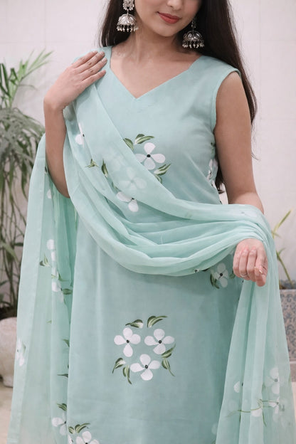 Elegant Mint Green Handpainted Sharara Set with Dupatta for Women