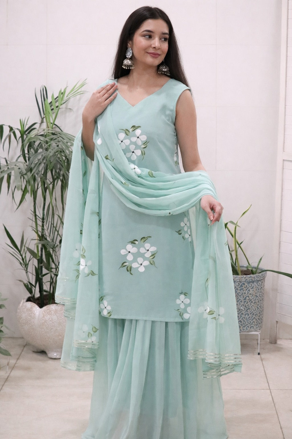 Elegant Mint Green Handpainted Sharara Set with Dupatta for Women
