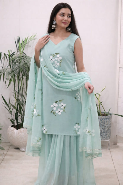 Elegant Mint Green Handpainted Sharara Set with Dupatta for Women