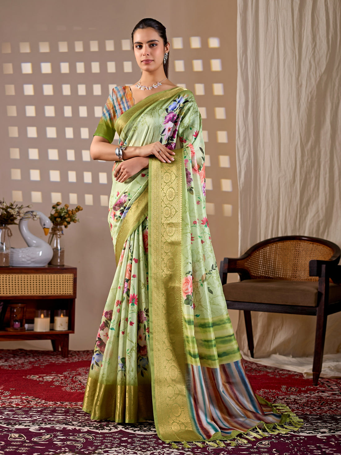 Elegant Green Floral Silk Saree with Golden Zari Border for Women