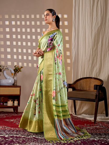Elegant Green Floral Silk Saree with Golden Zari Border for Women
