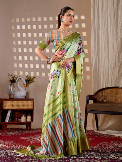 Elegant Green Floral Silk Saree with Golden Zari Border for Women