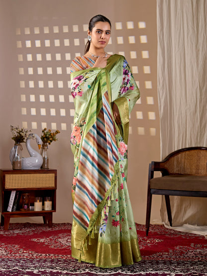 Elegant Green Floral Silk Saree with Golden Zari Border for Women