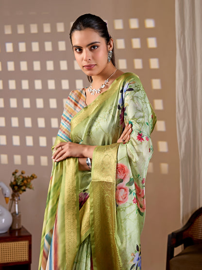 Elegant Green Floral Silk Saree with Golden Zari Border for Women