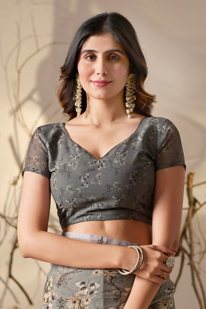 Elegant Grey Floral Party Wear Saree for Women