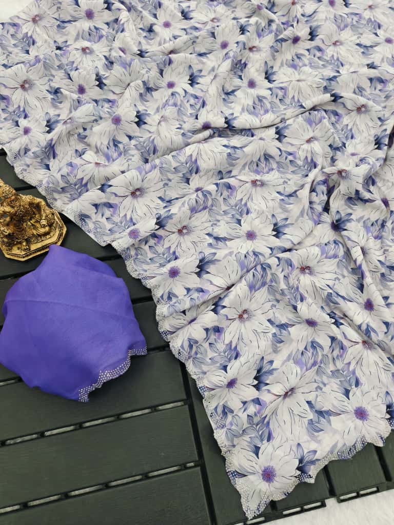 Elegant Lavender Floral Georgette Saree with Border for Women