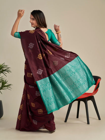 Elegant Maroon Soft Silk Saree with Green Jacquard Border for Women