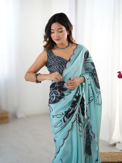 Elegant Mint Green Chinon Saree with Blouse for Women
