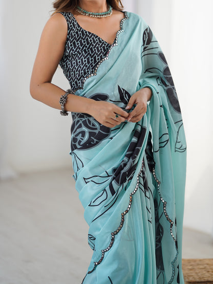 Elegant Mint Green Chinon Saree with Blouse for Women