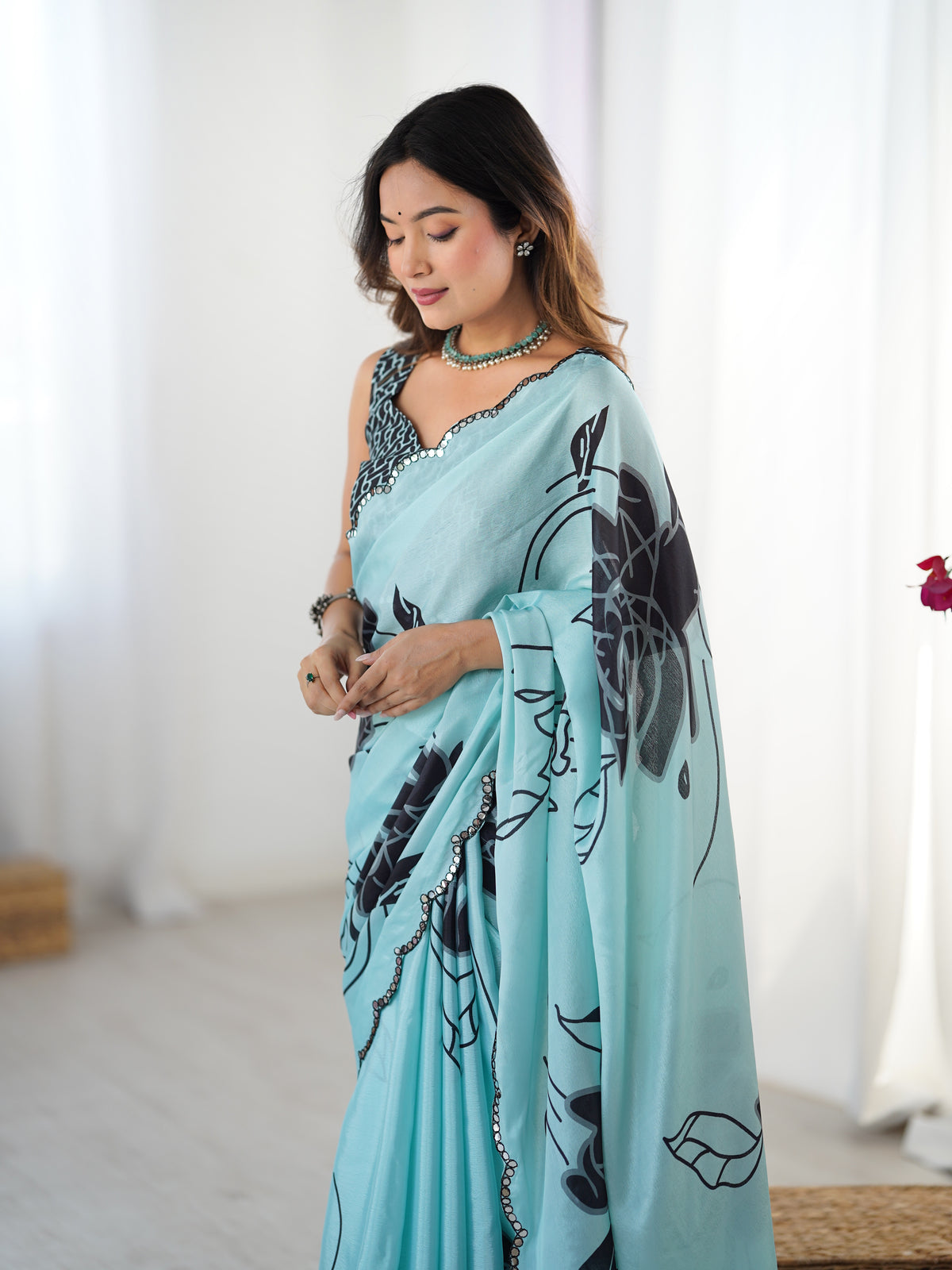 Elegant Mint Green Chinon Saree with Blouse for Women