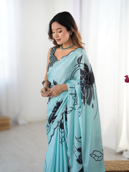 Elegant Mint Green Chinon Saree with Blouse for Women