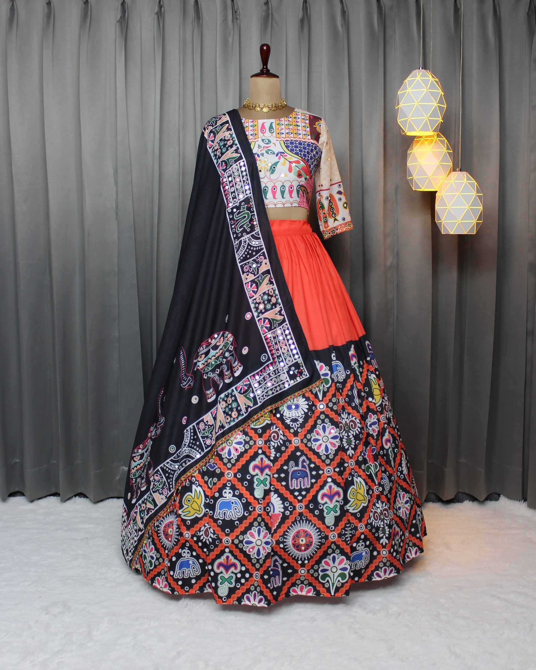 Elegant  Mirror Work Navratri Lehenga Choli Set