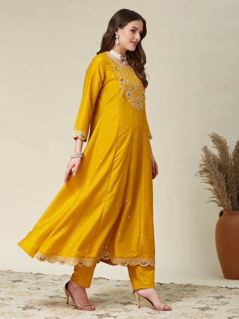 Elegant Mustard Silk Anarkali Set with Designer Dupatta for Women