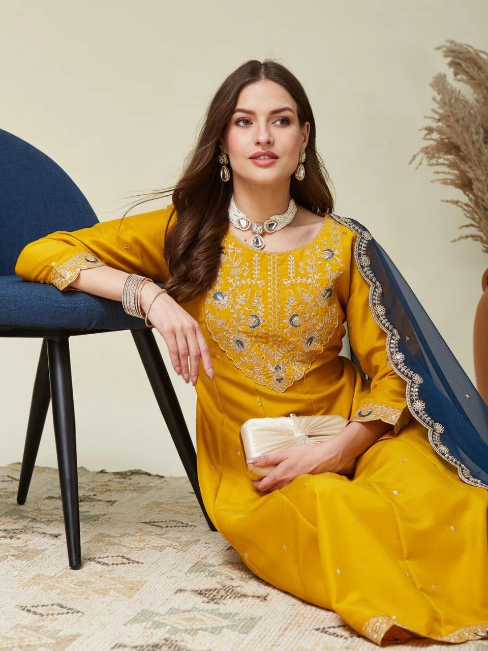 Elegant Mustard Silk Anarkali Set with Designer Dupatta for Women