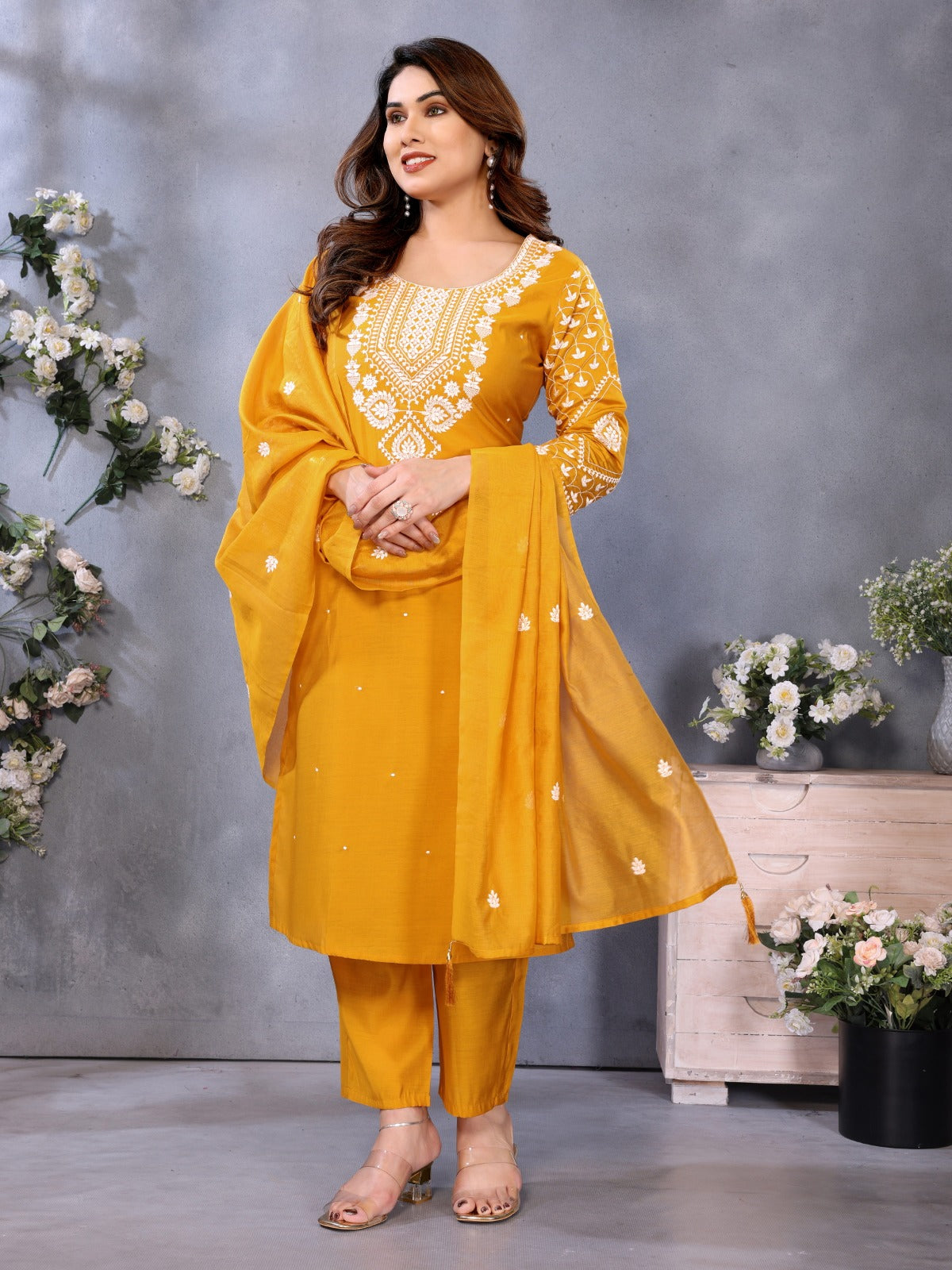 Elegant Mustard Chanderi Cotton Kurta Set with Embroidery for Women