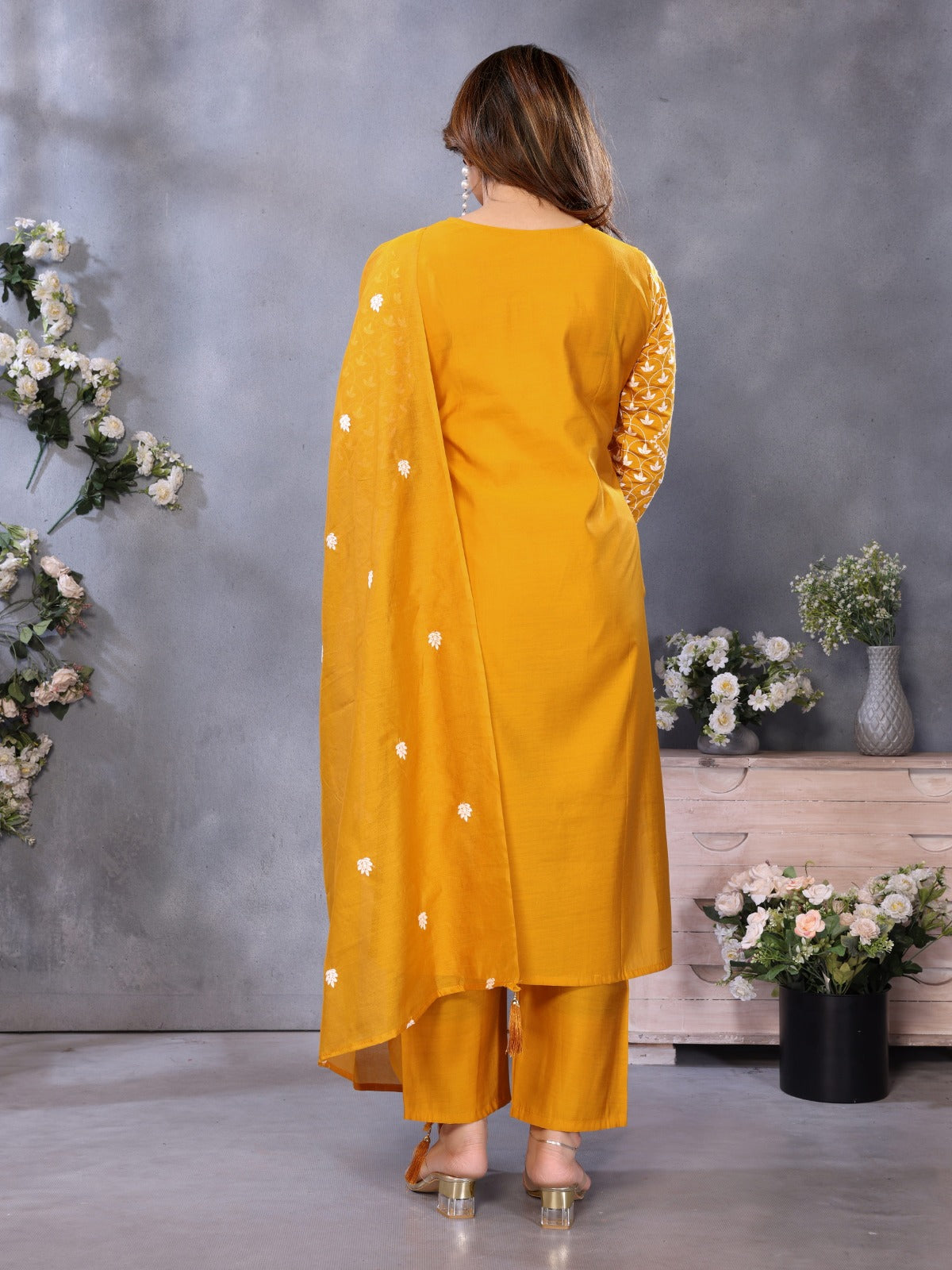 Elegant Mustard Chanderi Cotton Kurta Set with Embroidery for Women