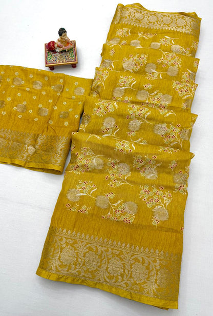 Elegant Mustard Dola Butti Silk Saree With Blouse for Women