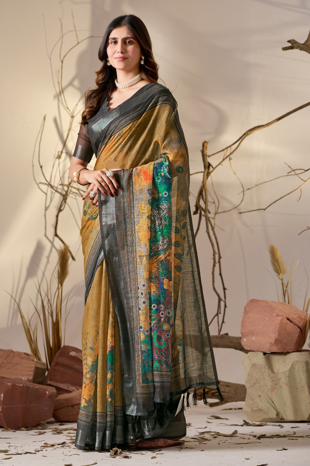 Elegant Mustard Linen Cotton Saree Set for Women
