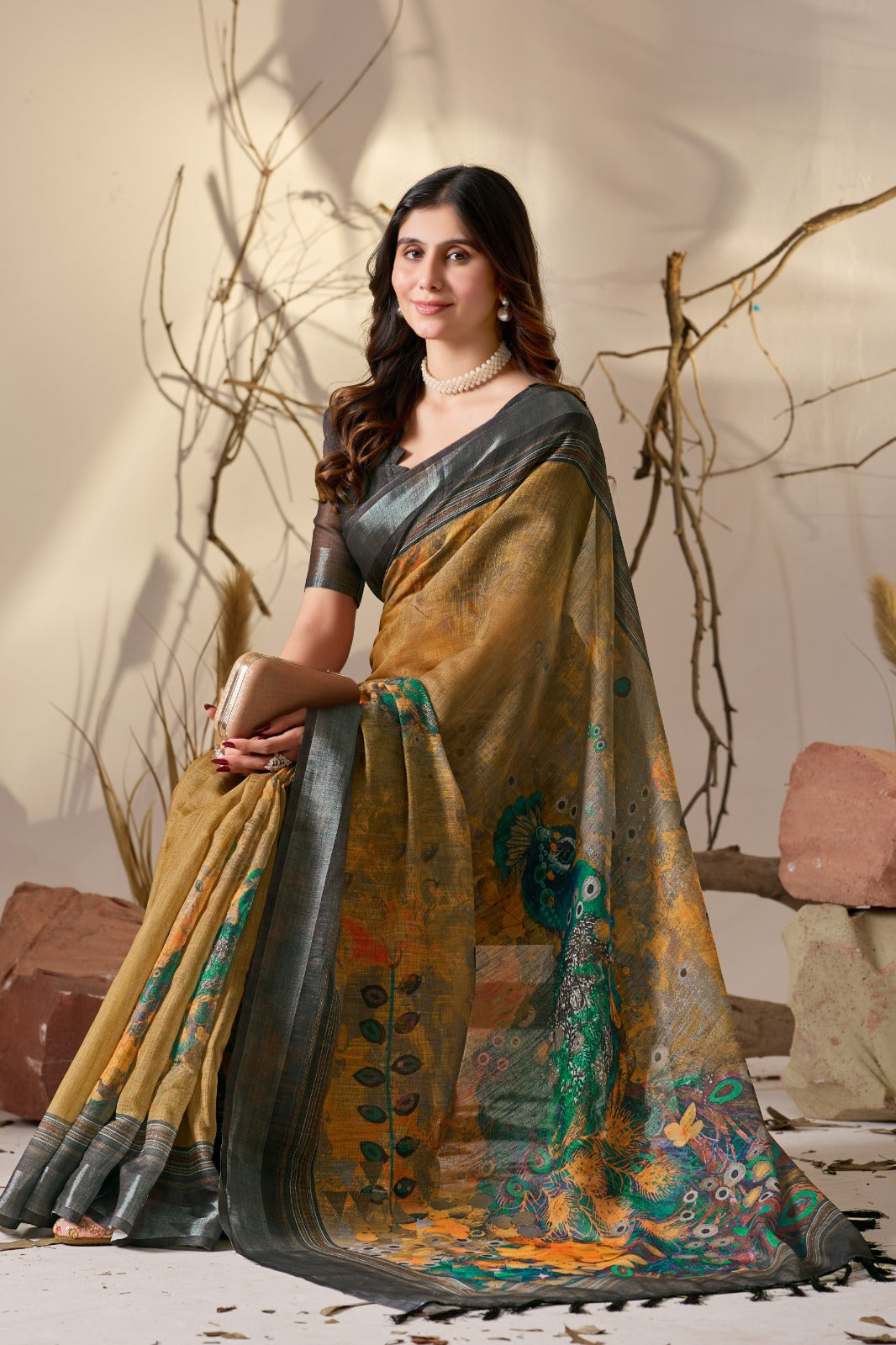 Elegant Mustard Linen Cotton Saree Set for Women