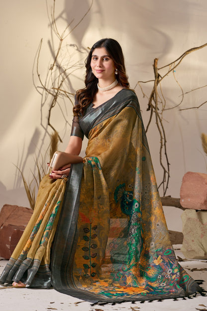 Elegant Mustard Linen Cotton Saree Set for Women