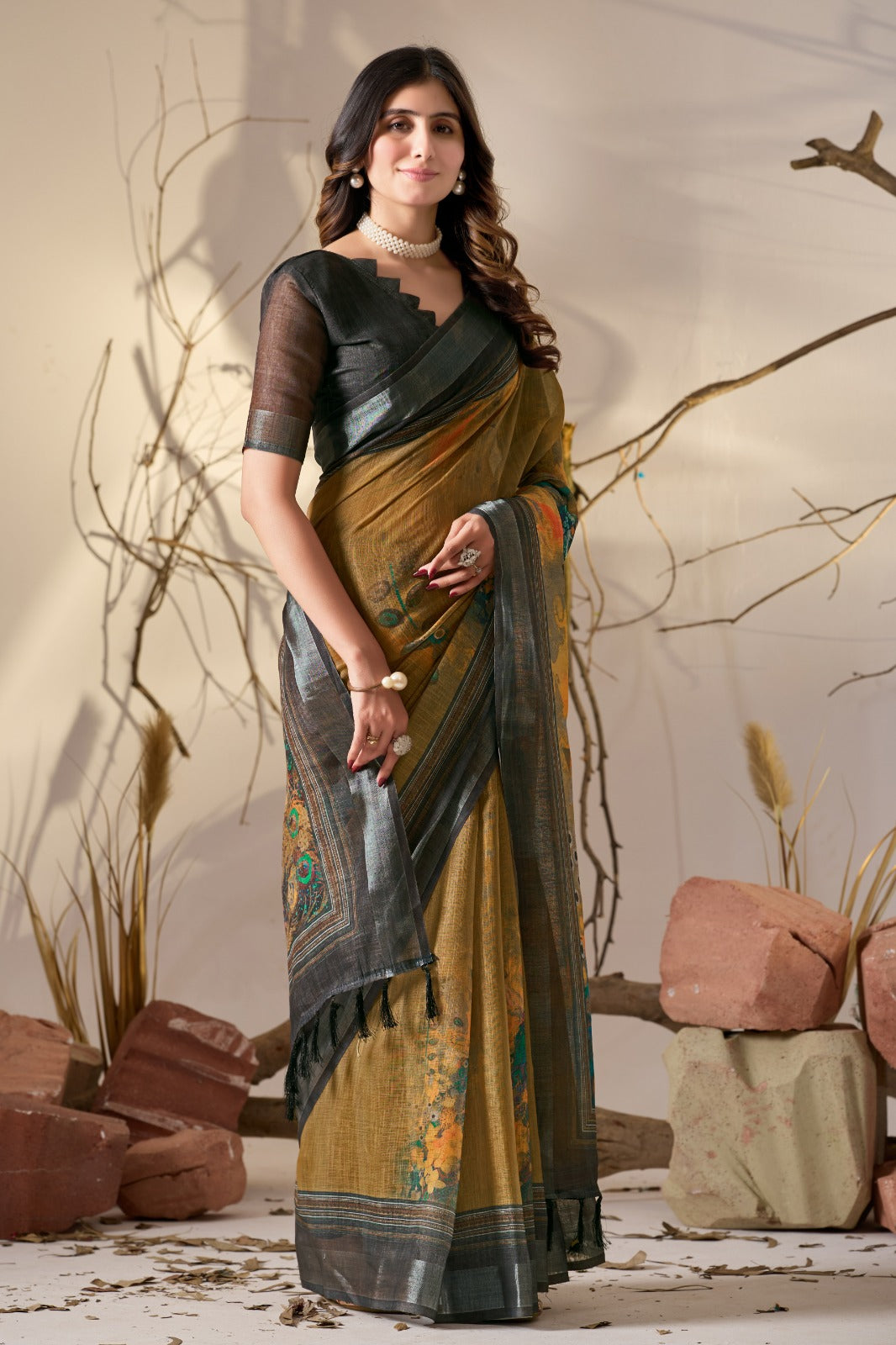 Elegant Mustard Linen Cotton Saree Set for Women