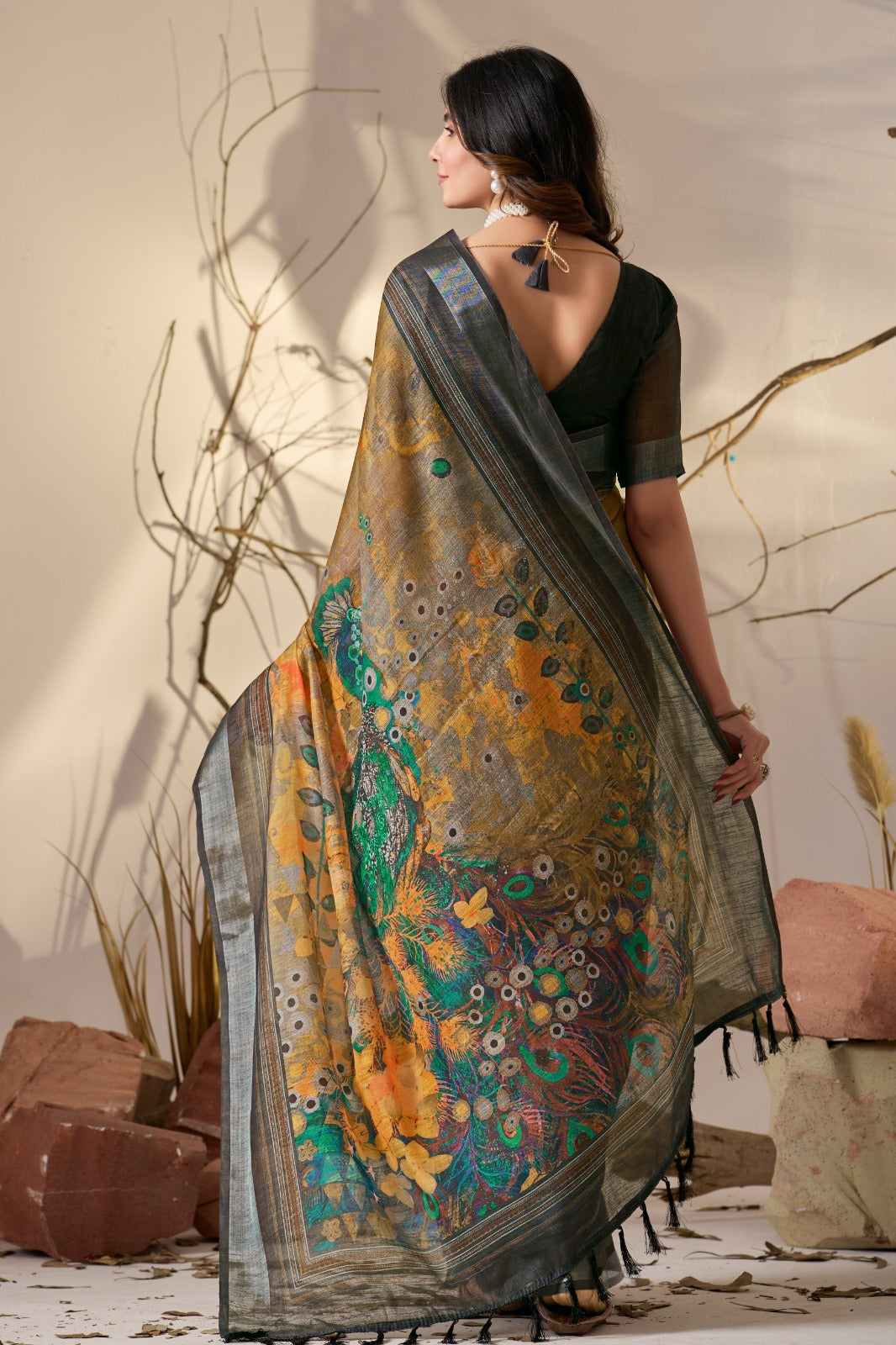 Elegant Mustard Linen Cotton Saree Set for Women