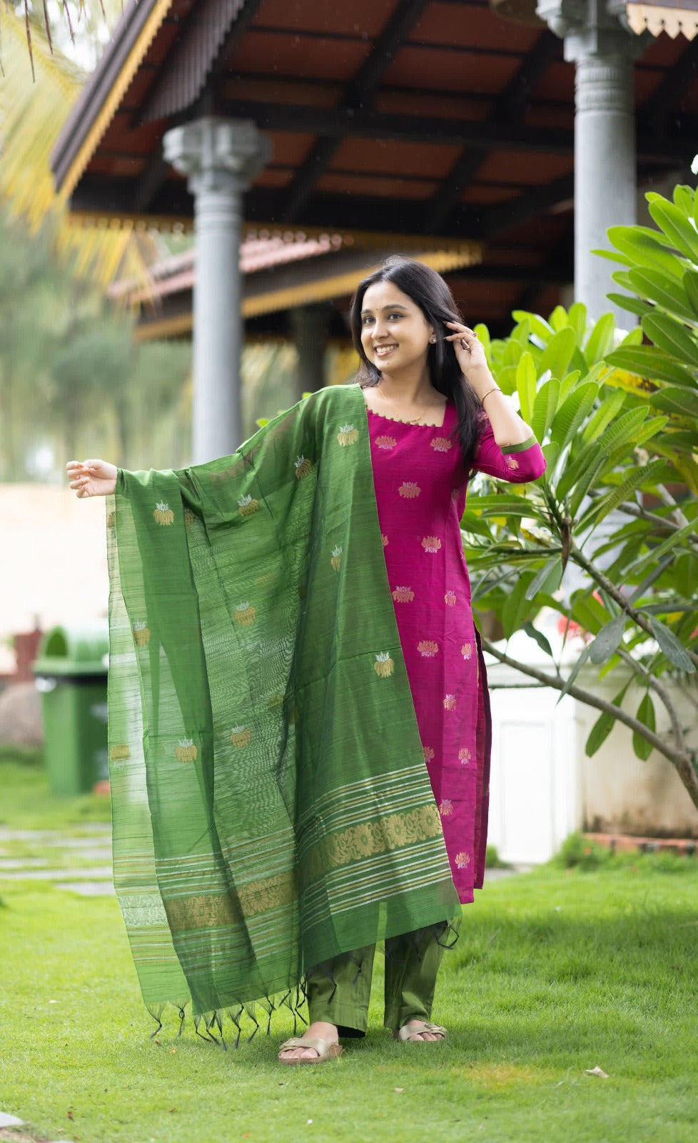 Elegant Pink and Green Kanchi Cotton Kurta Set with Traditional