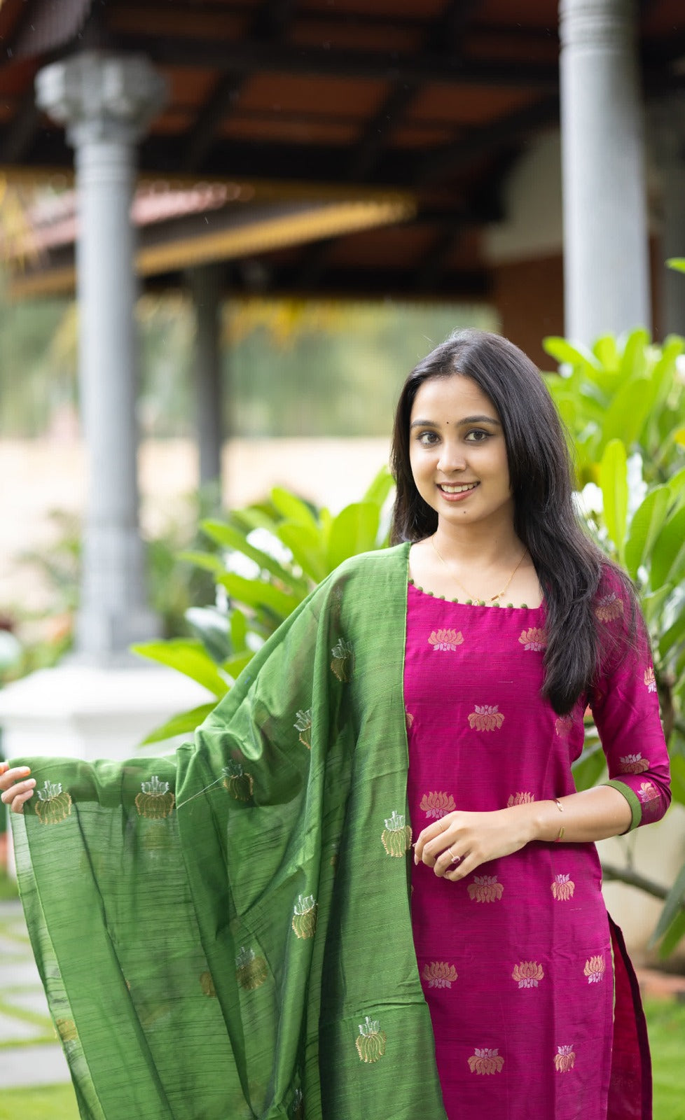Elegant Pink and Green Kanchi Cotton Kurta Set with Traditional