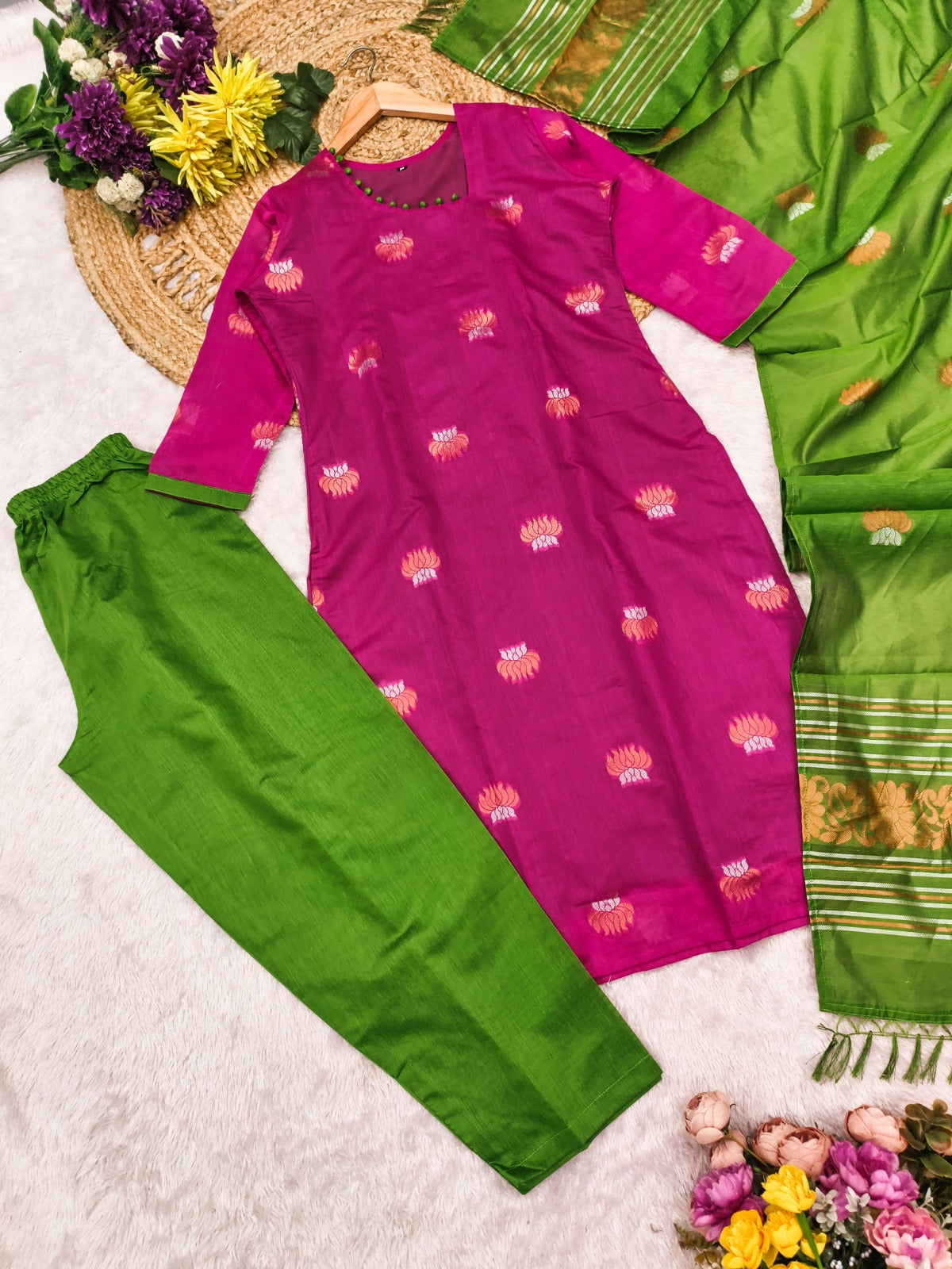 Elegant Pink and Green Kanchi Cotton Kurta Set with Traditional