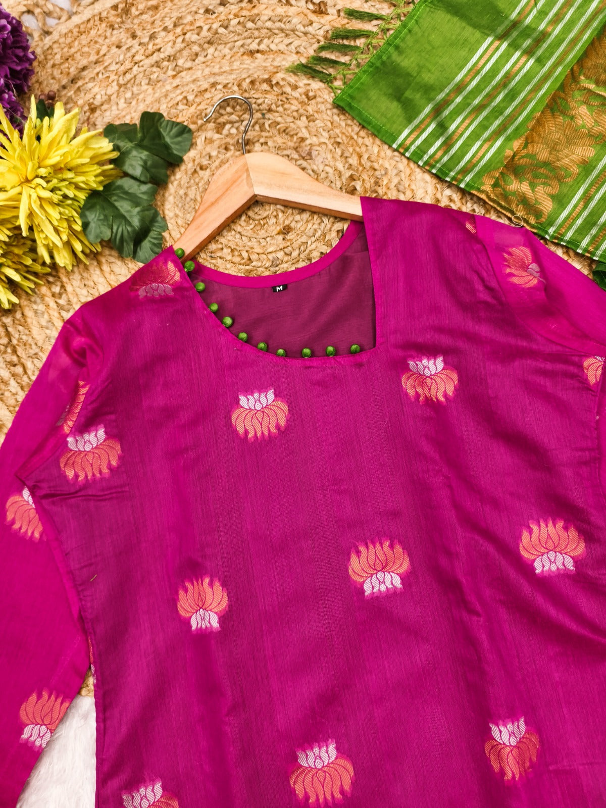 Elegant Pink and Green Kanchi Cotton Kurta Set with Traditional