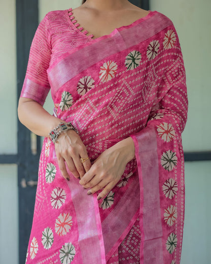 Elegant Pink Linen Saree with Bandhani &amp; Floral Design for Women
