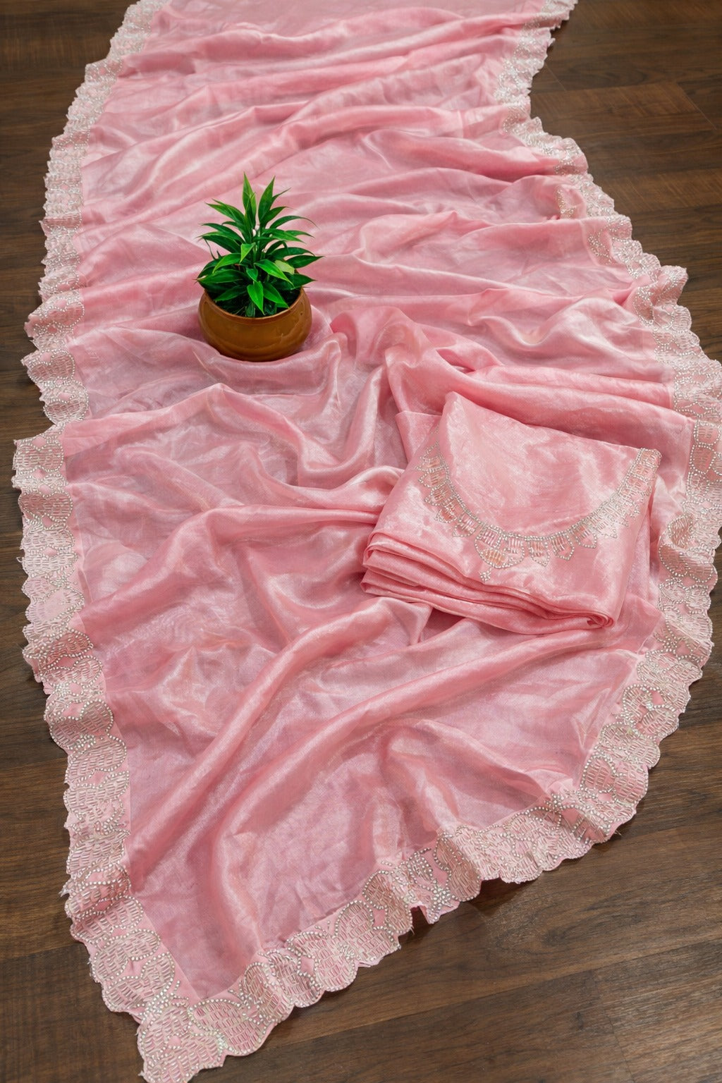 Elegant Baby Pink Silk Saree with Zarkan Diamond Border for Women