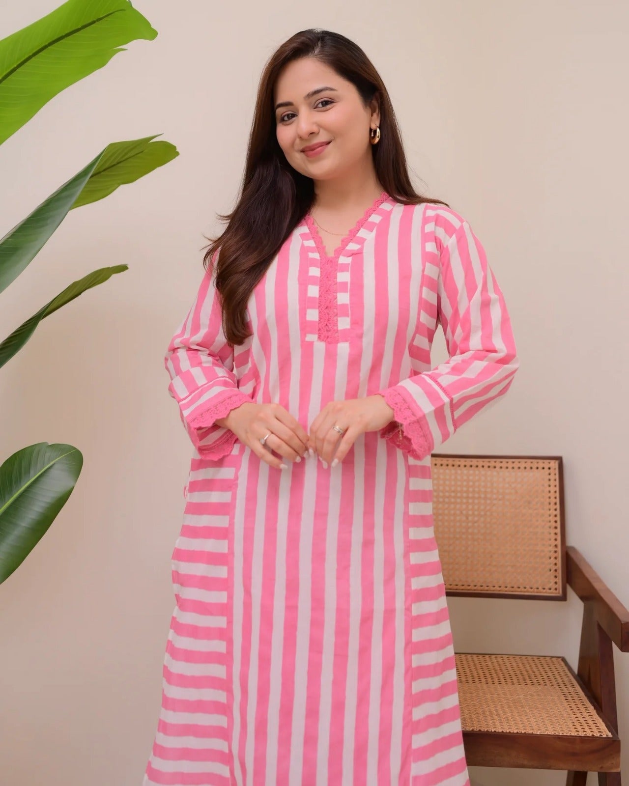 Elegant Pink Stripe Straight Kurta with Palazzo Set