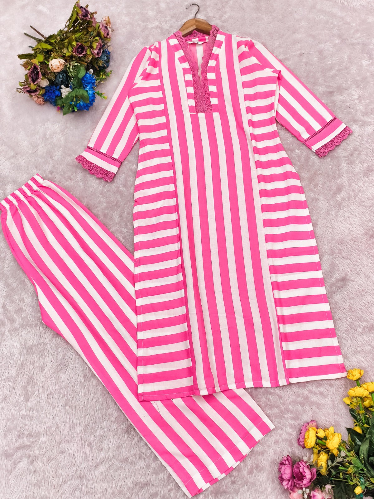 Elegant Pink Stripe Straight Kurta with Palazzo Set for Women