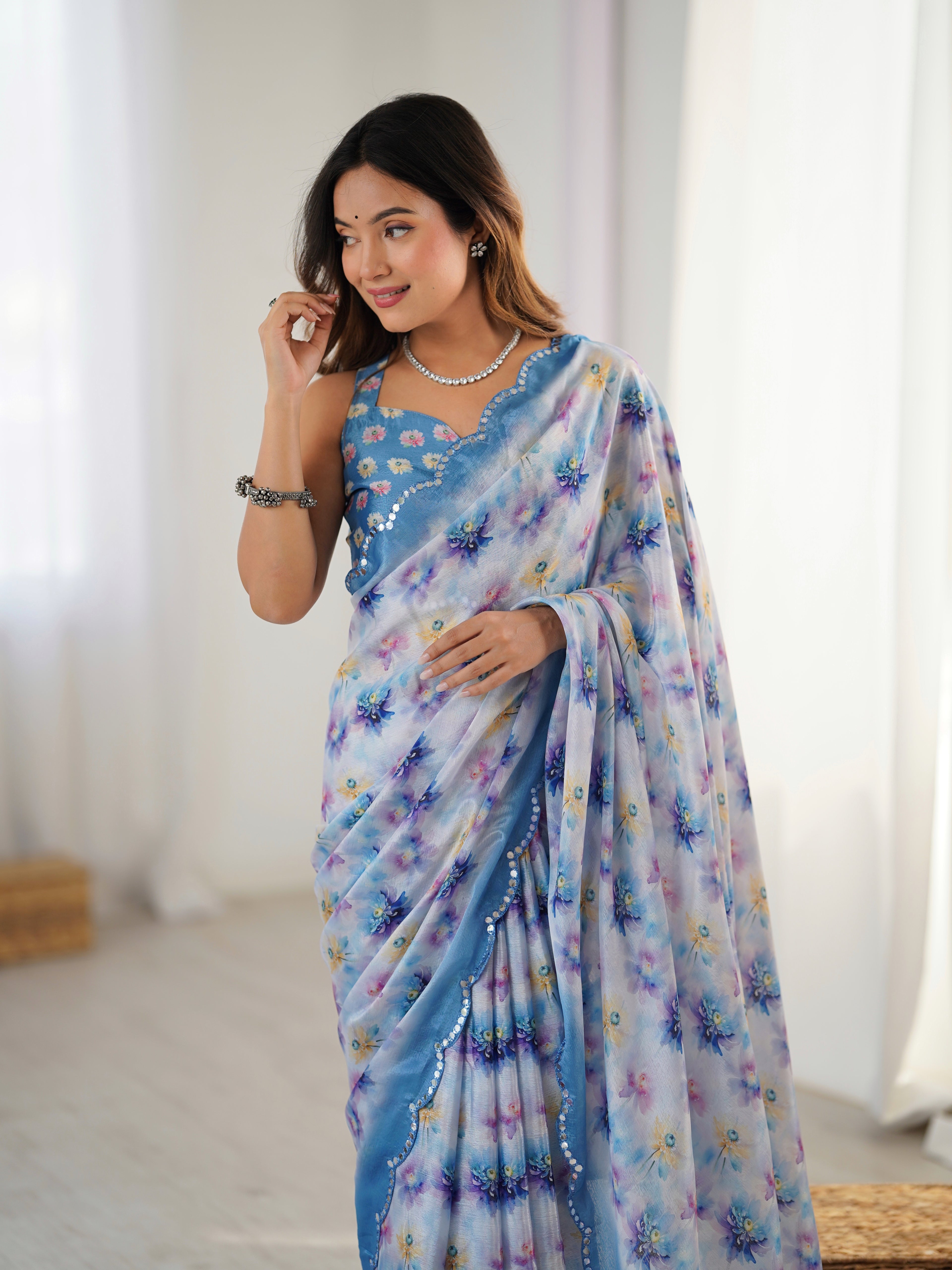 Elegant Powder Blue Printed Heavy Chinon Saree