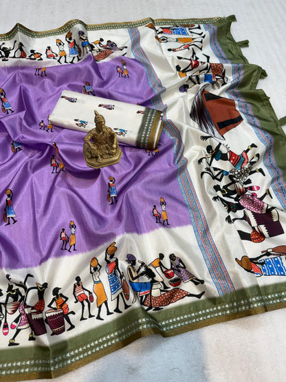 Elegant Purple Warli Art Cotton Saree with Designer Pallu for Women